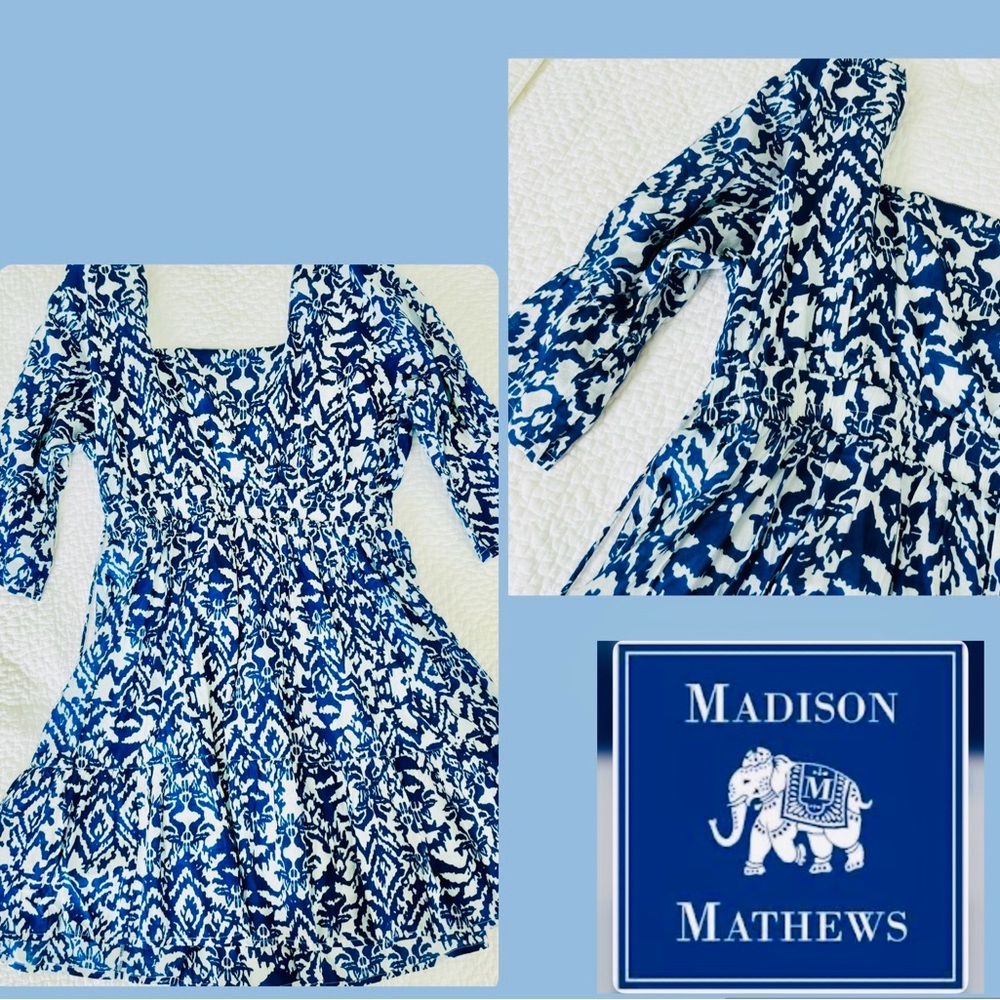 NWOT Madison Mathews Square neck Blockprint Blue & White Dress